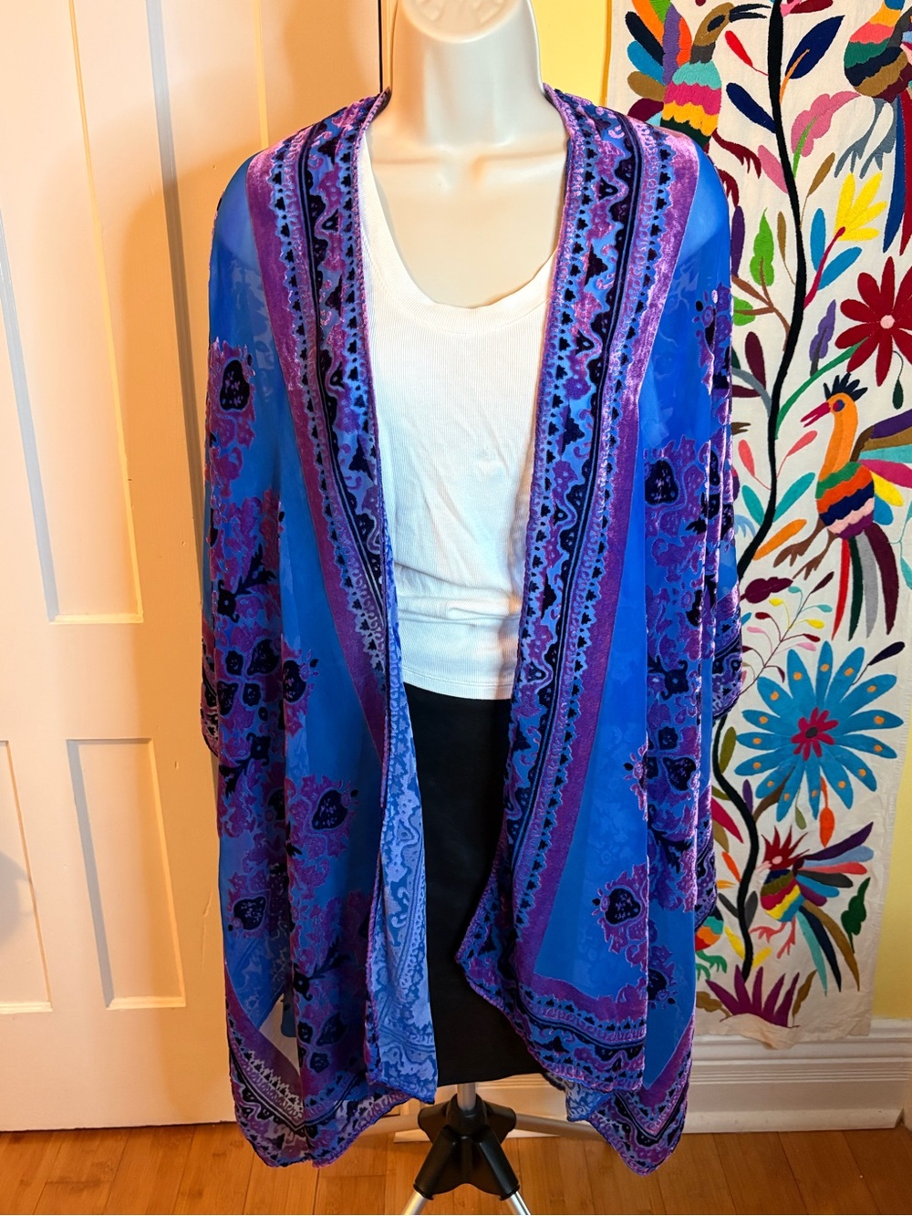 Free People Blue and Purple Floral Open Kimono Cardigan